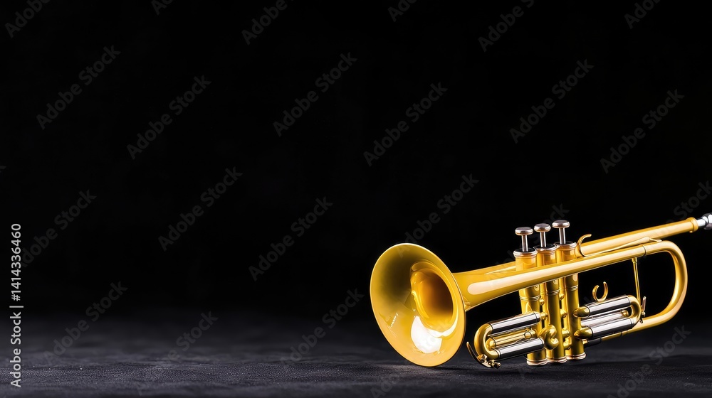 Naklejka premium Gold trumpet black background close up music instrument photography