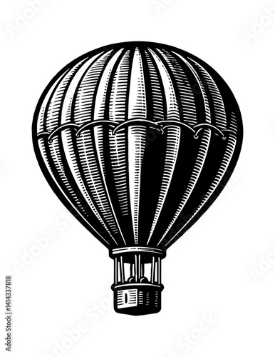 Engraved Vintage Style Hot Air Balloon Illustration with Detailed Line Work