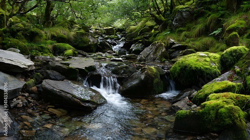 Clear mountain stream fed by a small waterfall tumbling over moss-covered stones