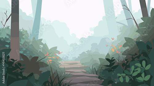 Tranquil forest pathway with lush greenery and soft misty atmosphere flat vector illustration
