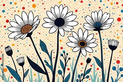 Bold daisy flowers with black outlines on a colorful dotted doodle texture background, doodle, black outline