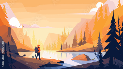 Hiker admiring mountain lake at sunrise in autumn illustration flat vector illustration