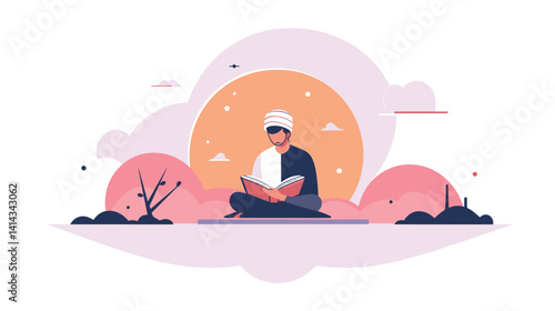 Meditating figure with book in tranquil landscape scene flat vector illustration