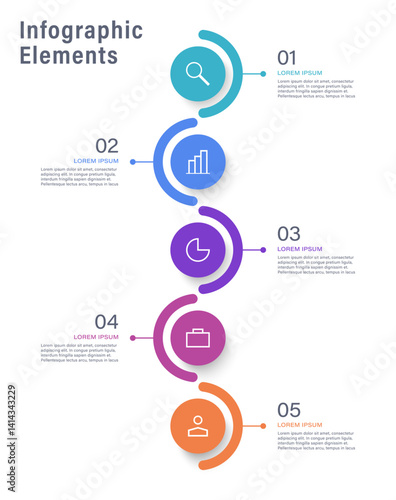Vertical vector infographic design template with five steps or options with space for data