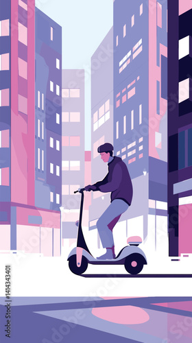 Young adult caucasian male on scooter in urban cityscape with tall buildings flat vector illustration