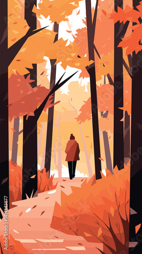 Autumn walk in forest with vibrant foliage and falling leaves flat vector illustration