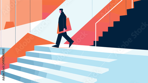 Abstract minimalist art with abstract male figure on geometric stairs flat vector illustration