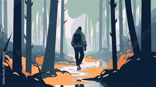 Abstract forest hike scene with backpacker on reflective pathway flat vector illustration