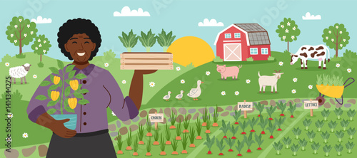 Sustainable and regenerative farming concept. Nature spring ardening background. Farmer black skin woman holding seedlings in front of garden, farmhouse and livestock. Vector flat banner.