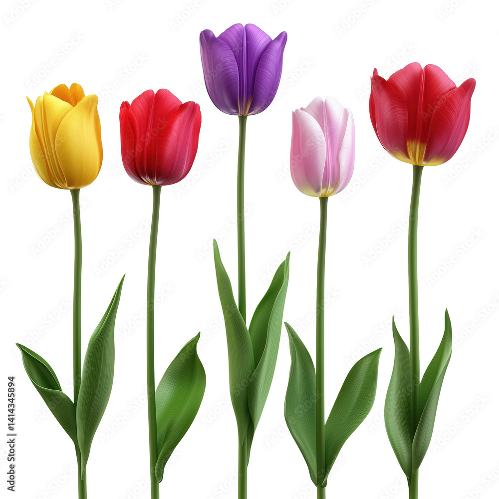 Set of five colorful tulip flowers in red, yellow, purple, lavender, and pink, isolated on transparent background. Set of five colorful tulip flowers in red, yellow, purple, lavender, and pink, isolated on transparent background.