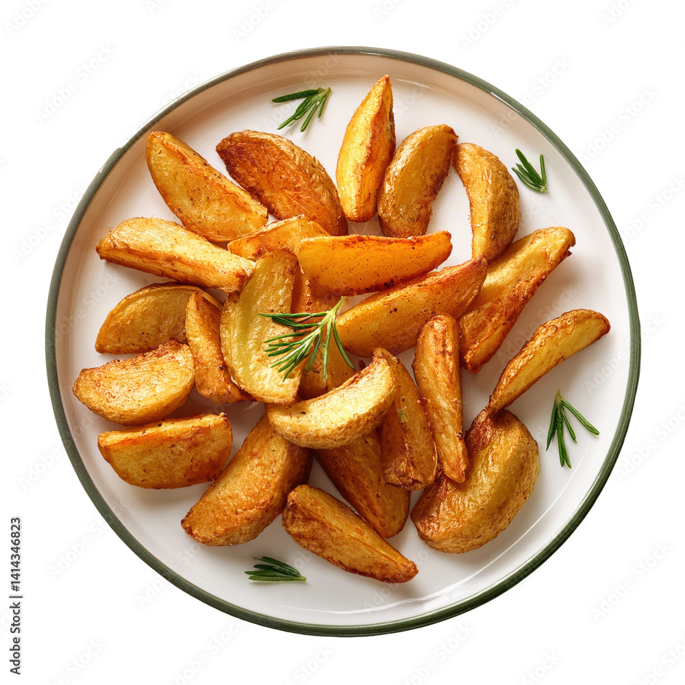 Crispy Golden Potato Wedges with Fresh Rosemary on a White Plate on transparent background Crispy Golden Potato Wedges with Fresh Rosemary on a White Plate on transparent background