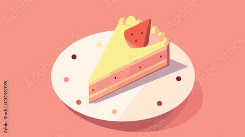 Watermelon-themed cake slice on plate with decorative confetti flat vector illustration