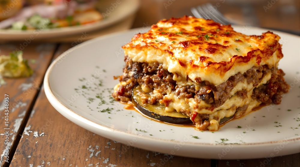 Traditional moussaka with layers of eggplant, minced meat, and béchamel sauce, best for showcasing authentic dishes on restaurant menus and promoting cultural food events Traditional moussaka with layers of eggplant, minced meat, and béchamel sauce, best for showcasing authentic dishes on restaurant menus and promoting cultural food events