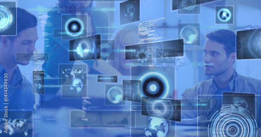 Image of screens with data processing over business people discussing in office Image of screens with data processing over business people discussing in office
