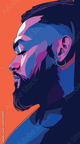 Colorful abstract portrait of bearded male profile with hoop earring flat vector illustration
