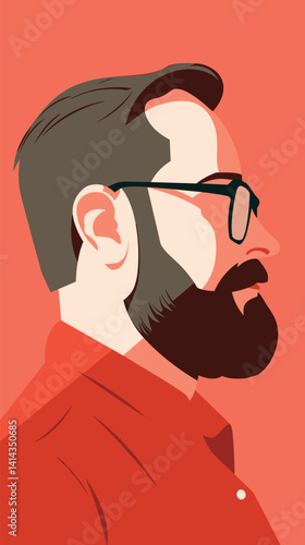 Profile of bearded caucasian male in red shirt against red background flat vector illustration