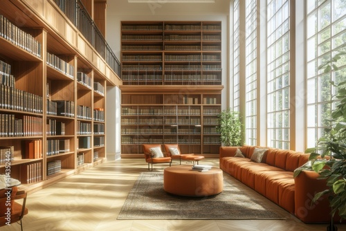 Cozy reading area in a modern library with large windows and natural light