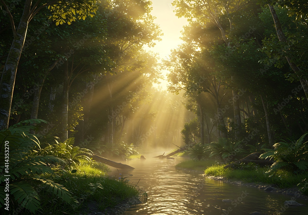 Fototapeta premium Golden Rays Illuminate Serene Forest Stream: A Tranquil Nature Scene
