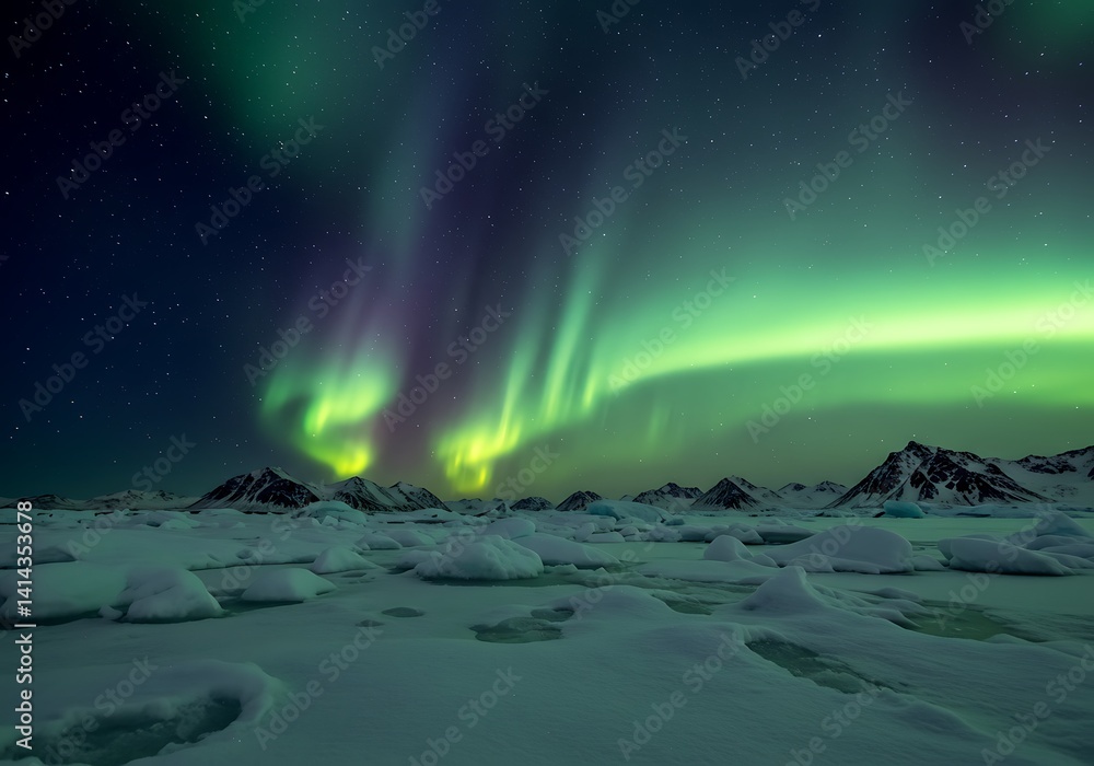 Naklejka premium Arctic Aurora: Serene Green and Purple Lights Dancing Over Icy Landscape