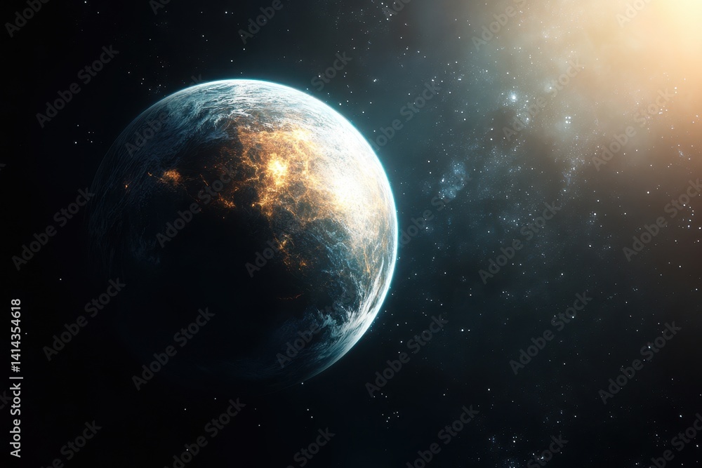 Fototapeta premium Planetary landscape with luminous explosions and a cosmic backdrop in deep space