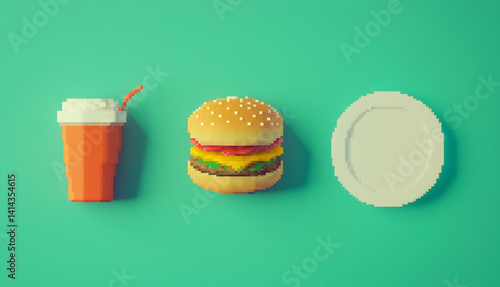 Pixel art burger, soda and plate icons on teal background