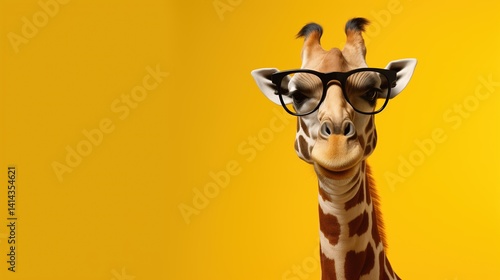 Funny cartoon giraffe with glasses on yellow background