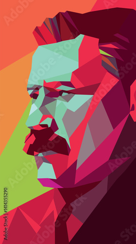 Abstract geometric portrait of mature caucasian male with mustache in vibrant colors flat vector illustration