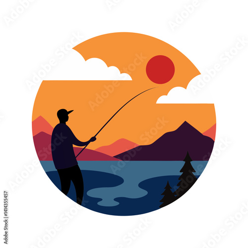 fisherman casting lake sunset