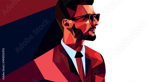 Geometric art portrait of young adult male in red suit with sunglasses flat vector illustration