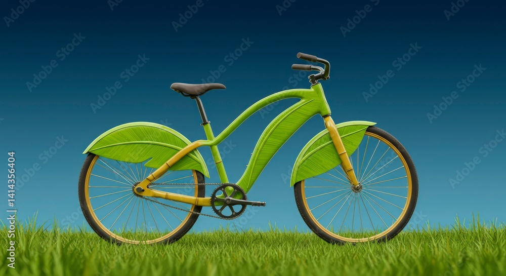 Fototapeta premium Conceptual bicycle with leaf accents stands on grass, promoting eco-friendly transport.