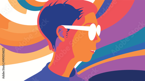 Colorful abstract portrait of young caucasian male in sunglasses flat vector illustration