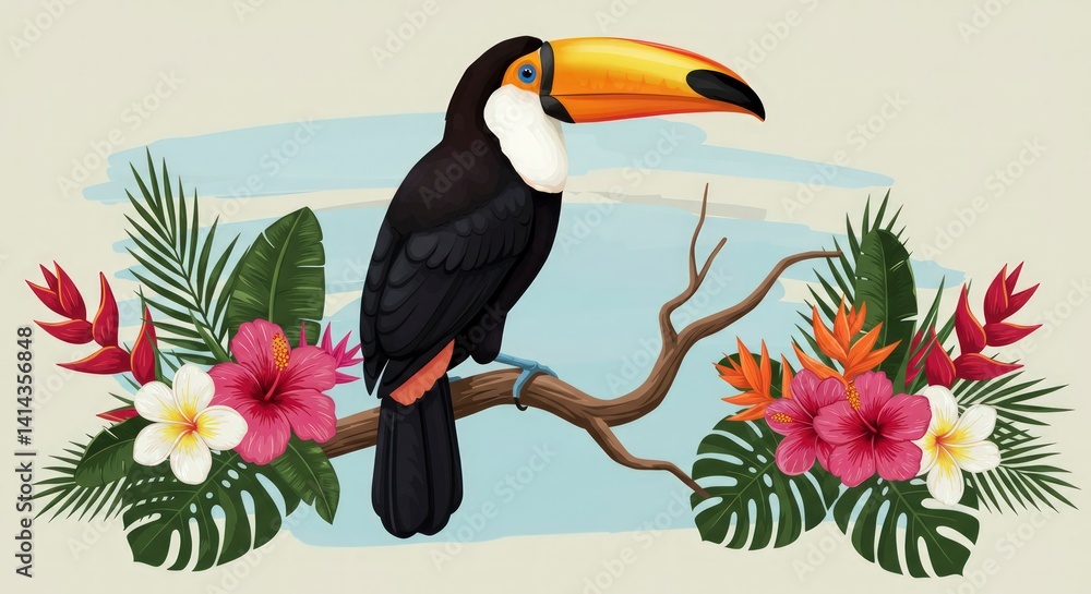 Naklejka premium Illustration of a toucan perched on a branch with tropical flowers.