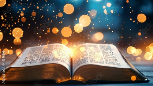Open a is radiating a golden light with magic sparks on a wooden table, creating bible mystical and spiritual atmosphere video 4k