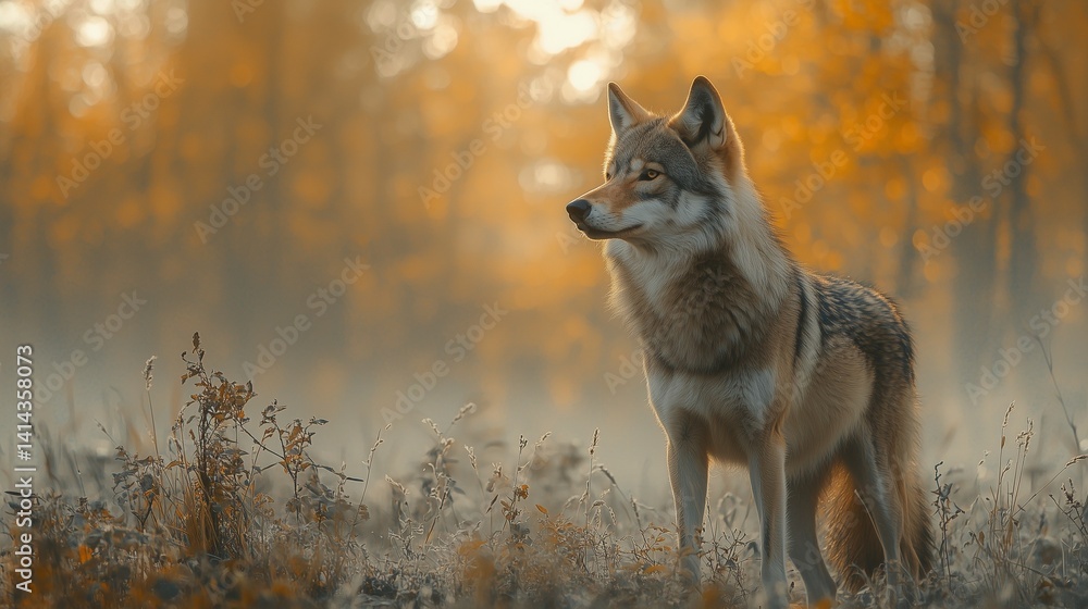 Majestic wolf standing in an autumn forest at sunrise with warm orange tones and bokeh background, perfect for nature themes, wildlife concepts, and storytelling visuals. Majestic wolf standing in an autumn forest at sunrise with warm orange tones and bokeh background, perfect for nature themes, wildlife concepts, and storytelling visuals.