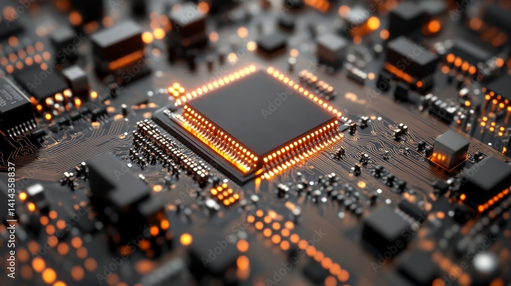Close-Up of Electronic Circuit Board with Microchip and LED Lights Close-Up of Electronic Circuit Board with Microchip and LED Lights