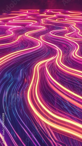 Abstract dark holographic iridescent neon background fluid liquid glass curved wave in motion 3D render modern glowing neon wave line pattern futuristic design