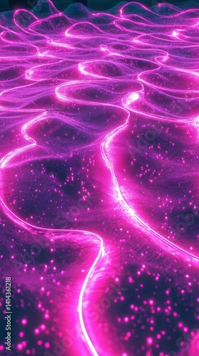 Abstract dark holographic iridescent neon background fluid liquid glass curved wave in motion 3D render modern glowing neon wave line pattern futuristic design