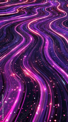 Abstract dark holographic iridescent neon background fluid liquid glass curved wave in motion 3D render modern glowing neon wave line pattern futuristic design