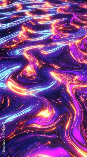 Abstract dark holographic iridescent neon background fluid liquid glass curved wave in motion 3D render modern glowing neon wave line pattern futuristic design 