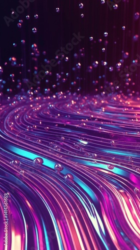 Abstract dark holographic iridescent neon background fluid liquid glass curved wave in motion 3D render modern glowing neon wave line pattern futuristic design