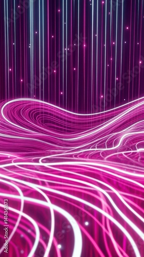 Abstract dark holographic iridescent neon background fluid liquid glass curved wave in motion 3D render modern glowing neon wave line pattern futuristic design