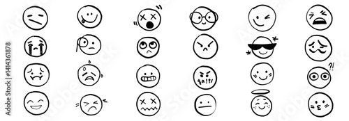 Doodle smile emoji faces in hand drawn vector doodle sketchy style. Happy, sad, crying emotional scribbles, comic elements for business design.
