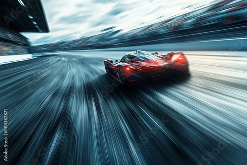 A red race car speeding around a race track at high velocity