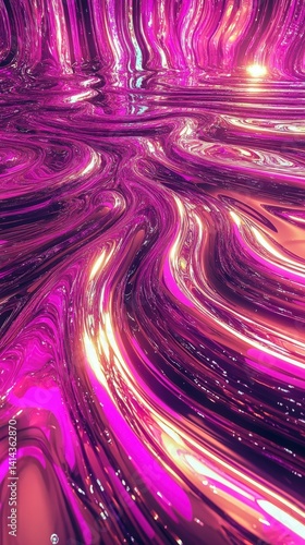 Abstract dark holographic iridescent neon background fluid liquid glass curved wave in motion 3D render modern glowing neon wave line pattern futuristic design
