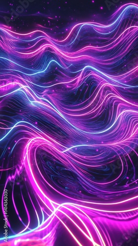 Abstract dark holographic iridescent neon background fluid liquid glass curved wave in motion 3D render modern glowing neon wave line pattern futuristic design