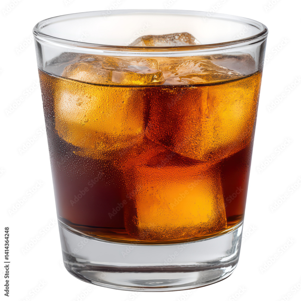 Classic Whiskey Glass with Ice Cubes and Rich Amber Liquid, isolated on transparent background. Classic Whiskey Glass with Ice Cubes and Rich Amber Liquid, isolated on transparent background.