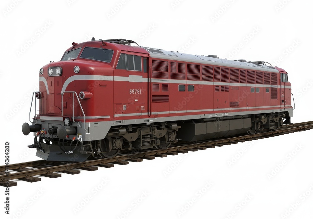 A red and silver locomotive with the number 59761 on the side is on the railroad tracks isolated A red and silver locomotive with the number 59761 on the side is on the railroad tracks isolated