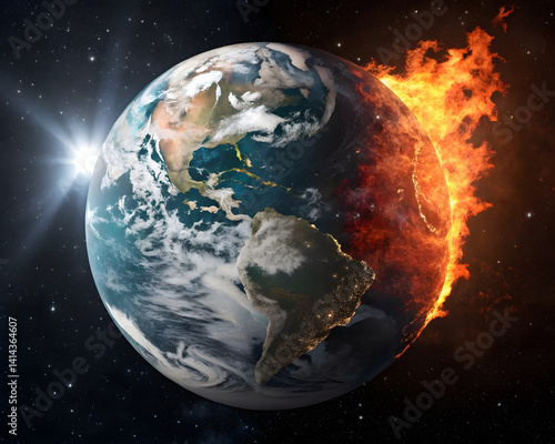 Planet Earth on Fire Global Warming Climate Change Crisis Concept