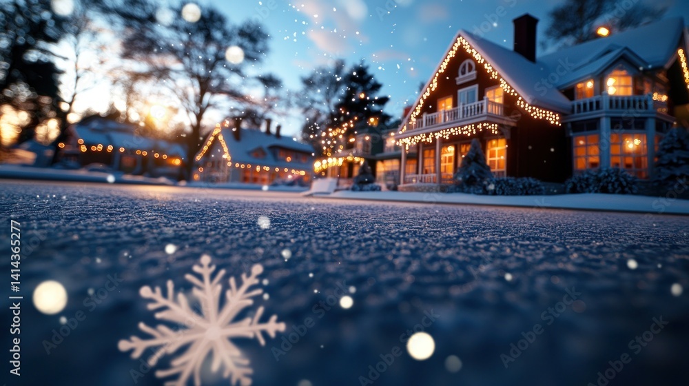 Obraz premium Snowy Evening Festive Homes with Christmas Lights