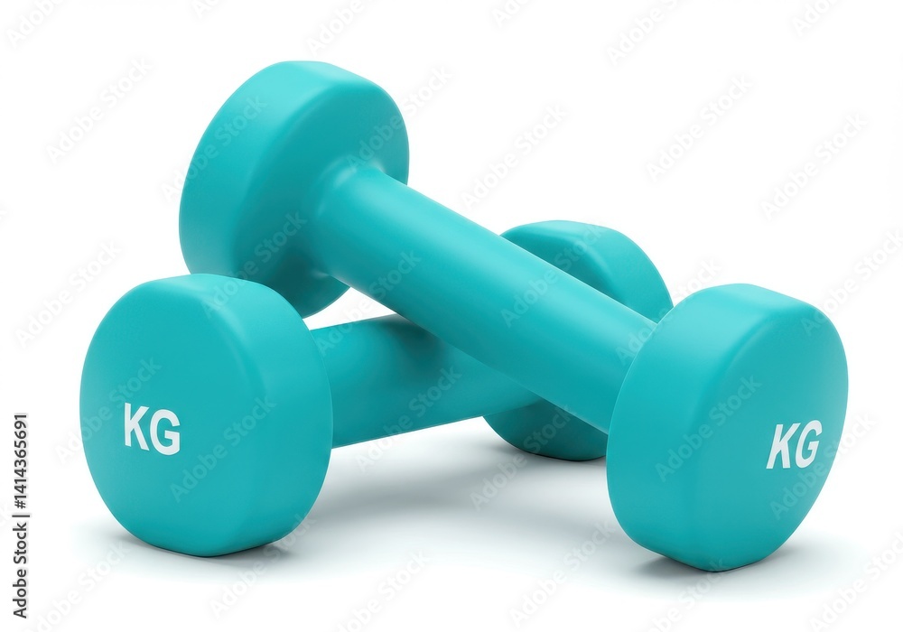 Two turquoise dumbbells stacked on each other on a white background with kg written on them clearly Two turquoise dumbbells stacked on each other on a white background with kg written on them clearly